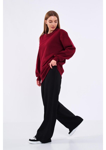 Bordo Kadın Pamuklu Oversize Basic Bisiklet Yaka Sweatshirt fiyatları