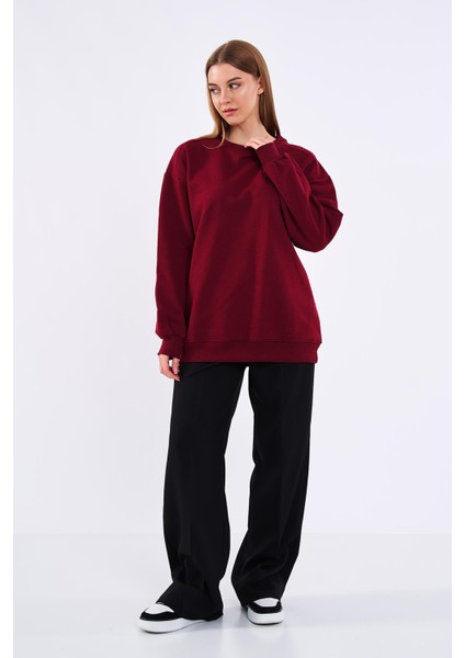 Bordo Kadın Pamuklu Oversize Basic Bisiklet Yaka Sweatshirt modelleri