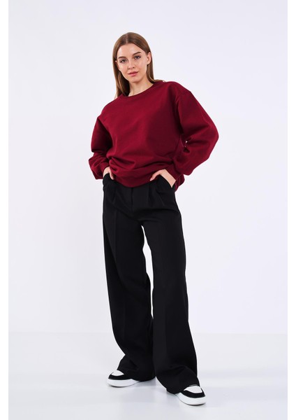 Bordo Kadın Pamuklu Oversize Basic Bisiklet Yaka Sweatshirt indirimleri