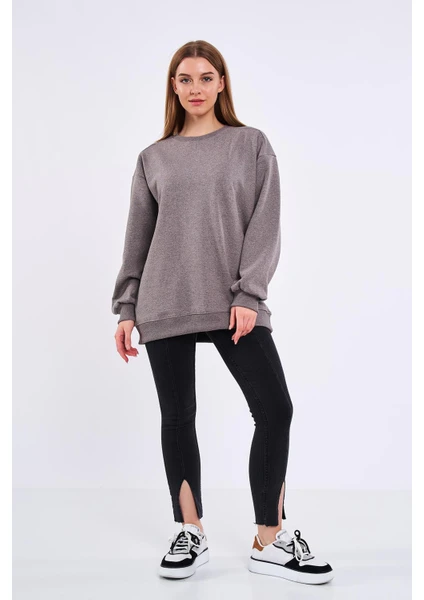 mmetalic Kahve Kadın Pamuklu Oversize Basic Bisiklet Yaka Sweatshirt