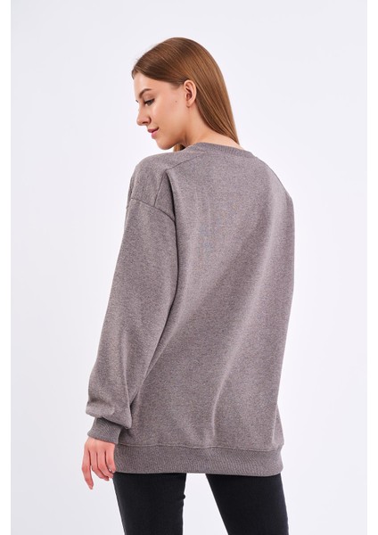 Kahve Kadın Pamuklu Oversize Basic Bisiklet Yaka Sweatshirt