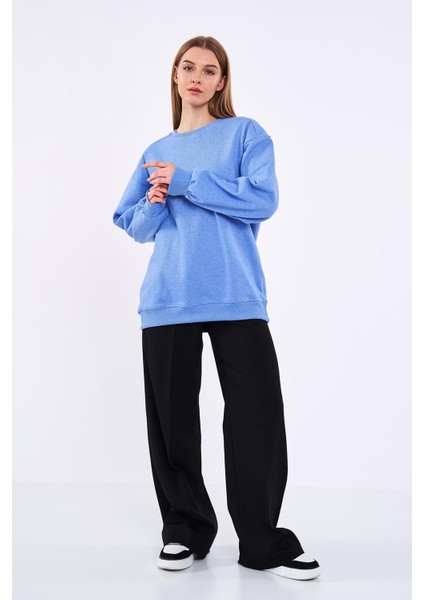 Mavi Kadın Pamuklu Oversize Basic Bisiklet Yaka Sweatshirt