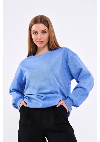 Mavi Kadın Pamuklu Oversize Basic Bisiklet Yaka Sweatshirt