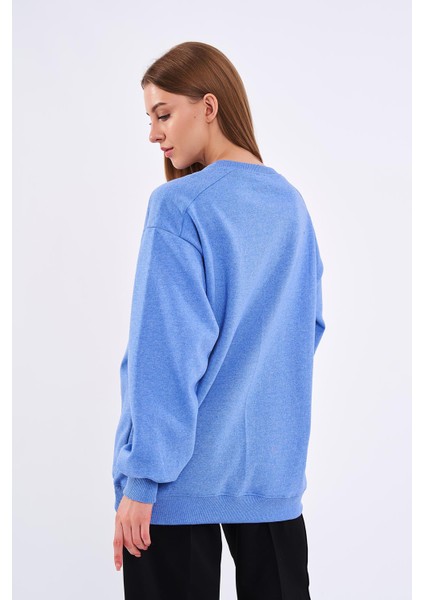 Mavi Kadın Pamuklu Oversize Basic Bisiklet Yaka Sweatshirt