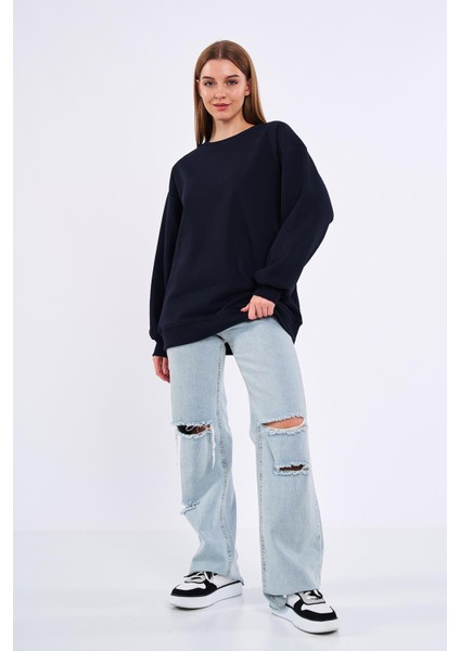 mmetalic Lacivert Kadın Pamuklu Oversize Basic Bisiklet Yaka Sweatshirt