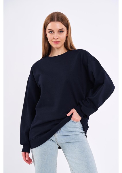 mmetalic Lacivert Kadın Pamuklu Oversize Basic Bisiklet Yaka Sweatshirt