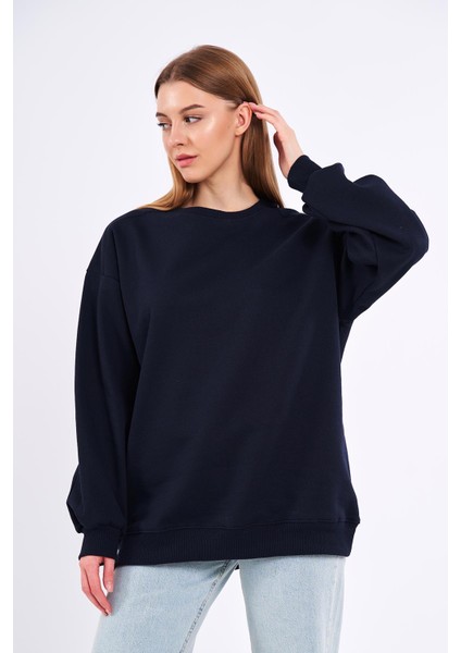 mmetalic Lacivert Kadın Pamuklu Oversize Basic Bisiklet Yaka Sweatshirt