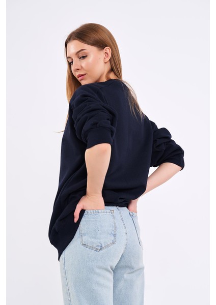 mmetalic Lacivert Kadın Pamuklu Oversize Basic Bisiklet Yaka Sweatshirt