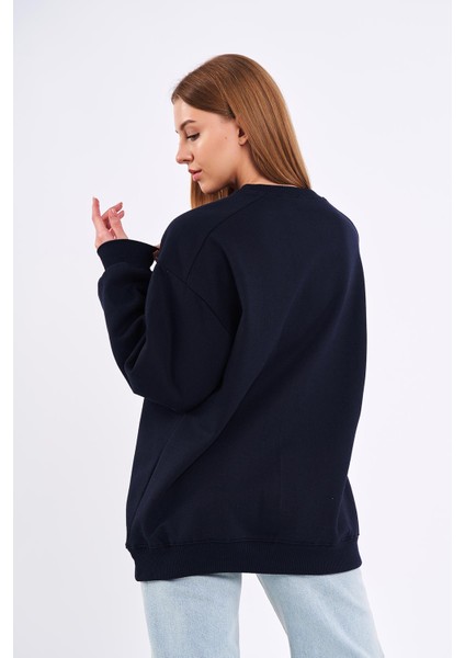 mmetalic Lacivert Kadın Pamuklu Oversize Basic Bisiklet Yaka Sweatshirt