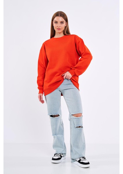 Turuncu Kadın Pamuklu Oversize Basic Bisiklet Yaka Sweatshirt