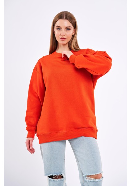 Turuncu Kadın Pamuklu Oversize Basic Bisiklet Yaka Sweatshirt