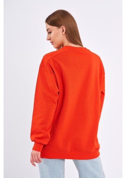 Turuncu Kadın Pamuklu Oversize Basic Bisiklet Yaka Sweatshirt