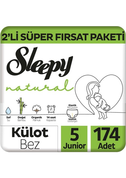 Natural 2'li Süper Fırsat Paketi Külot Bez 5 Numara Junior 174 Adet