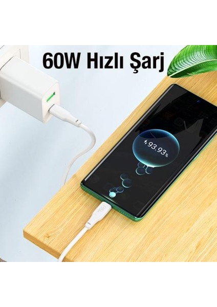 Hc Seri Super Şarj 2mt 60W Type-C To Type-C Şarj Kablo ve Veri Aktarım Kablosu Type-C Ultra Hızlı Data ve Şarj Kablosu