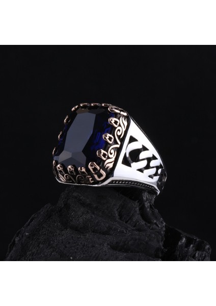 925 Ayar Gümüş Mavi Taşlı Gurmet Desenli Erkek Yüzük