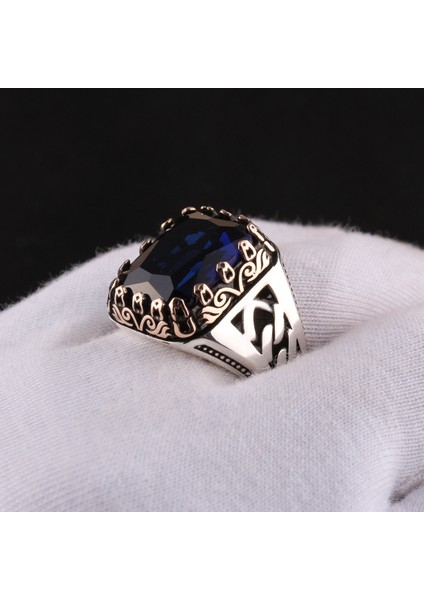925 Ayar Gümüş Mavi Taşlı Gurmet Desenli Erkek Yüzük fiyatları