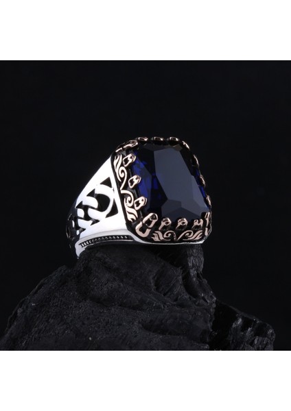 925 Ayar Gümüş Mavi Taşlı Gurmet Desenli Erkek Yüzük modelleri