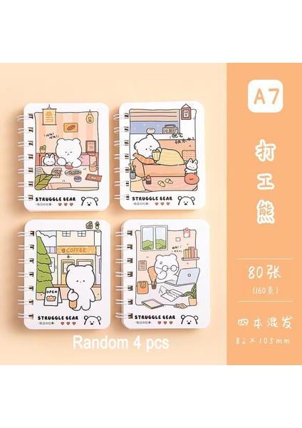 No 3 A7 4 Adet/takım A7 Karikatür Bobin Kitap Öğrenci Okul Kaynağı Cep Dizüstü Eskiz Defteri Taşınabilir Mini Not Defteri Kawaii Kırtasiye 80 Sayfa (Yurt Dışından)