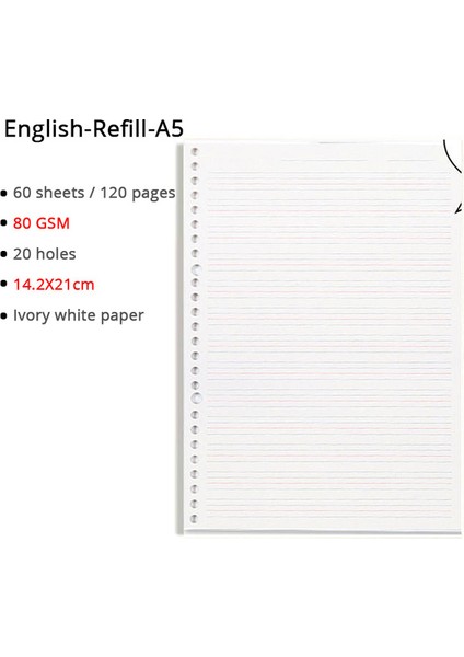 Ingilizce Dolum A5 Gevşek Yaprak Defter A5/b5/a4 Halka Bağlayıcı Süt Kağıdı Dolum 60 Sayfa Klasör Okul Malzemeleri Planlayıcısı Aksesuarları Kırtasiye (Yurt Dışından)