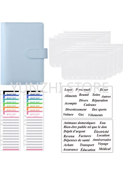 Açık Mavi A6 Pvc Bütçe Bağlayıcı Nakit Zarf Organizatör A6 Dizüstü Planlayıcısı 2 Adet Fransız Alfabesi Çıkartmalar 8 Adet Fermuarlı Cebi Dropshipping (Yurt Dışından)