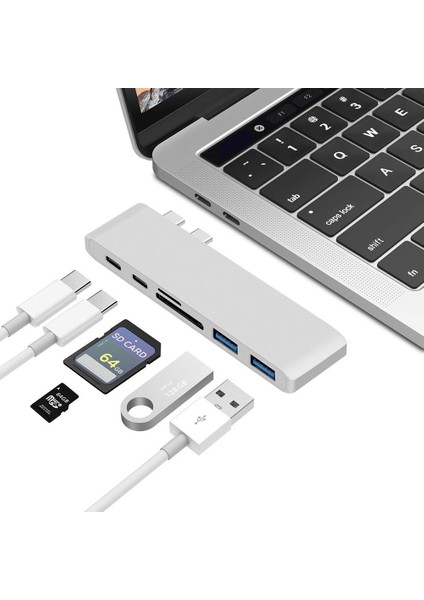 Gümüş 6 In 1 Alüminyum USB C Hub USB Tip C Hub Adaptörü Dongle MacBook Pro 13 "15" 2016 2017 Thunderbolt 3 Usb-C Verileri Için Uyumlu (Yurt Dışından)