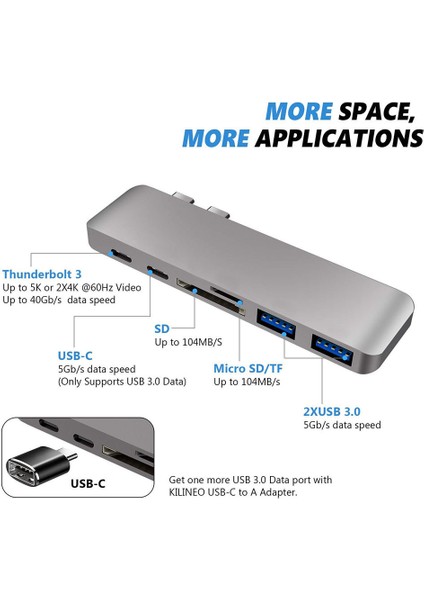 Gümüş 6 In 1 Alüminyum USB C Hub USB Tip C Hub Adaptörü Dongle MacBook Pro 13 "15" 2016 2017 Thunderbolt 3 Usb-C Verileri Için Uyumlu (Yurt Dışından)