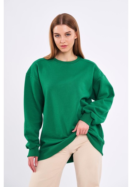 Metalic Yeşil Kadın Pamuklu Oversize Basic Bisiklet Yaka Sweatshirt