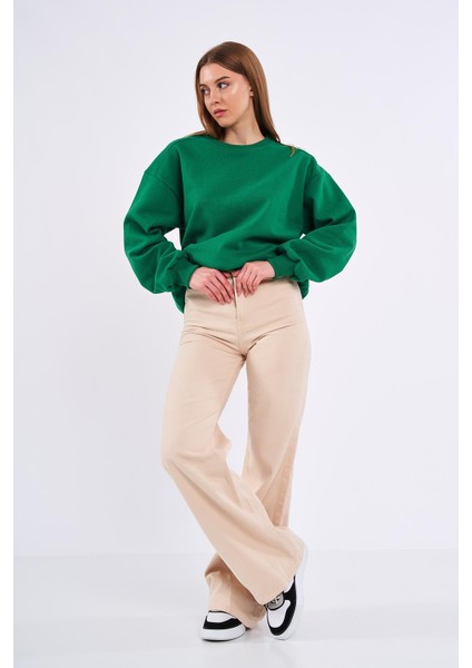 Metalic Yeşil Kadın Pamuklu Oversize Basic Bisiklet Yaka Sweatshirt
