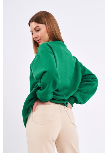 Metalic Yeşil Kadın Pamuklu Oversize Basic Bisiklet Yaka Sweatshirt