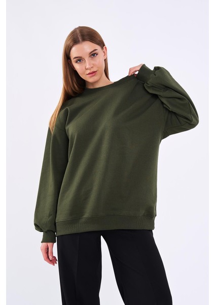 Metalic Haki Kadın Pamuklu Oversize Basic Bisiklet Yaka Sweatshirt