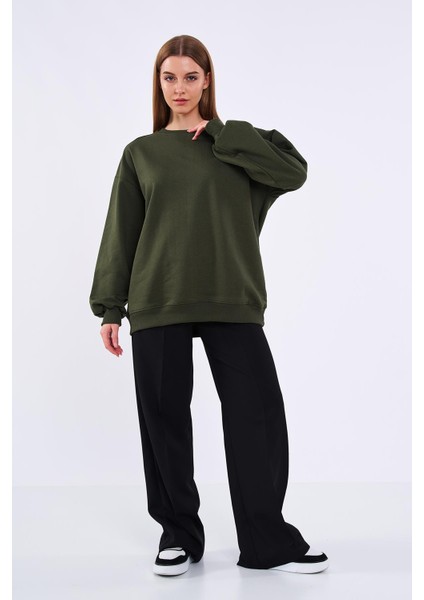 Metalic Haki Kadın Pamuklu Oversize Basic Bisiklet Yaka Sweatshirt