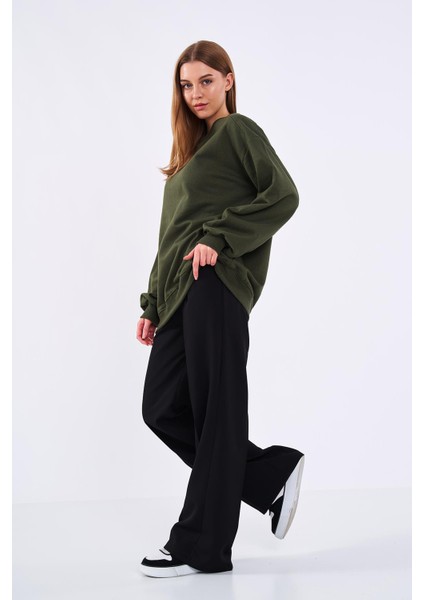 Metalic Haki Kadın Pamuklu Oversize Basic Bisiklet Yaka Sweatshirt