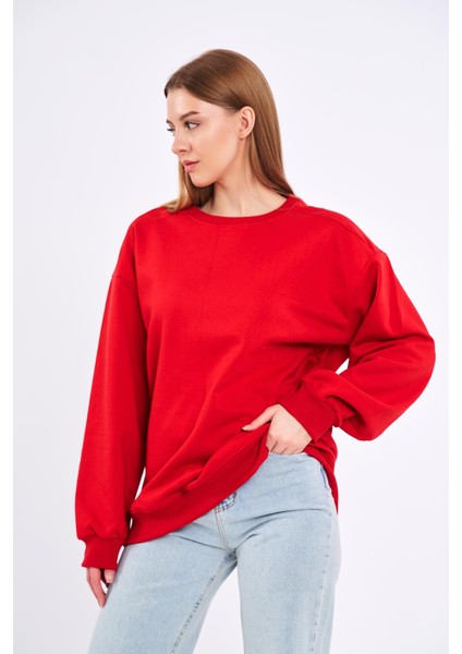 Kırmızı Kadın Pamuklu Oversize Basic Bisiklet Yaka Sweatshirt modelleri
