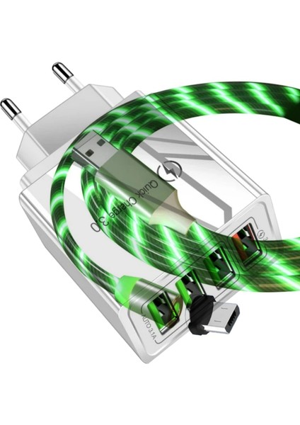 A6 Çoklu Şarj Adaptörü 4 Port + J21 Micro USB Magnetic Akan LED Işıklı Şarj Kablosu -1mt