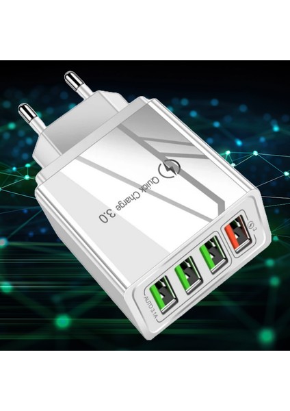 A6 Çoklu Şarj Adaptörü 4 Port + J21 Micro USB Magnetic Akan LED Işıklı Şarj Kablosu -1mt