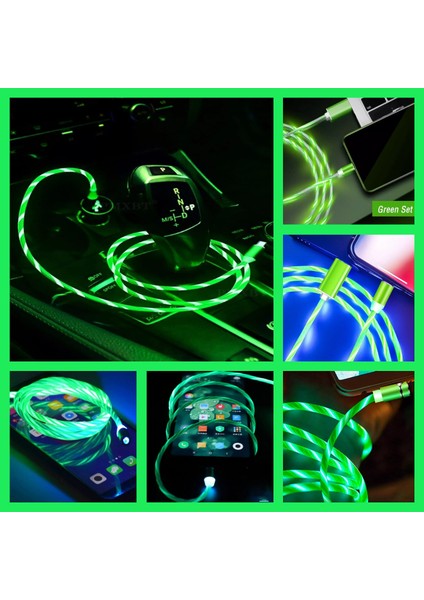 A6 Çoklu Şarj Adaptörü 4 Port + J21 Micro USB Magnetic Akan LED Işıklı Şarj Kablosu -1mt