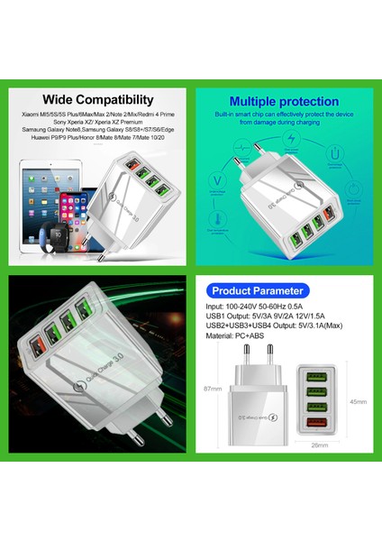 A6 Çoklu Şarj Adaptörü 4 Port + J21 Micro USB Magnetic Akan LED Işıklı Şarj Kablosu -1mt