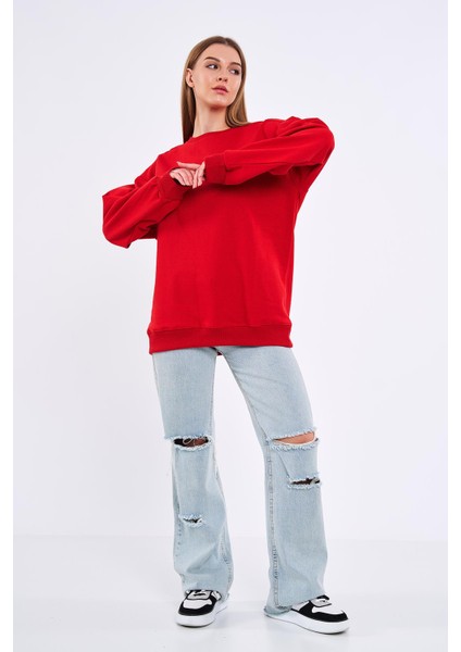 Kırmızı Kadın Pamuklu Oversize Basic Bisiklet Yaka Sweatshirt