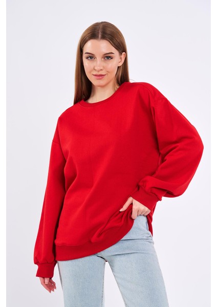 Kırmızı Kadın Pamuklu Oversize Basic Bisiklet Yaka Sweatshirt
