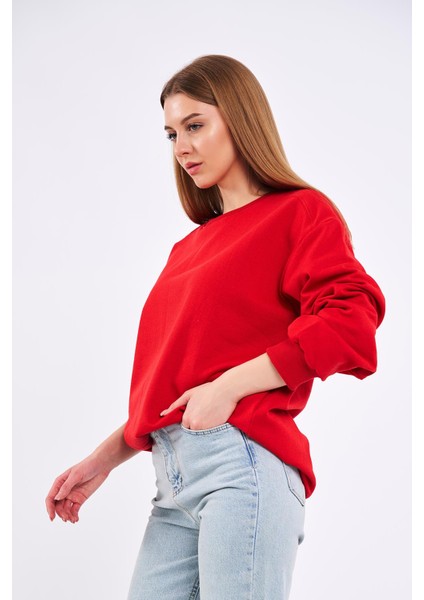 Kırmızı Kadın Pamuklu Oversize Basic Bisiklet Yaka Sweatshirt