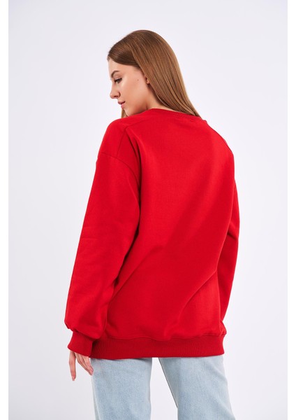 Kırmızı Kadın Pamuklu Oversize Basic Bisiklet Yaka Sweatshirt