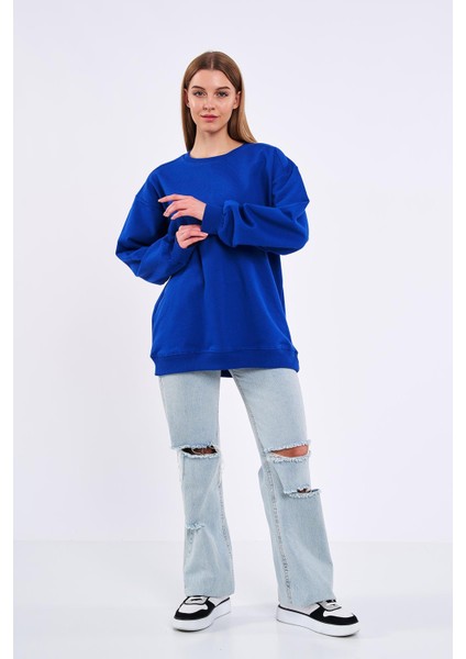 mmetalic Saks Kadın Pamuklu Oversize Basic Bisiklet Yaka  Sweatshirt