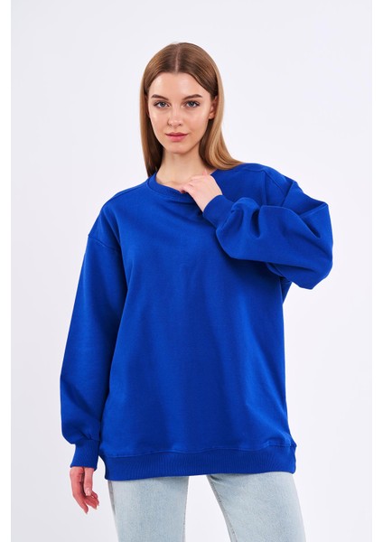 mmetalic Saks Kadın Pamuklu Oversize Basic Bisiklet Yaka  Sweatshirt