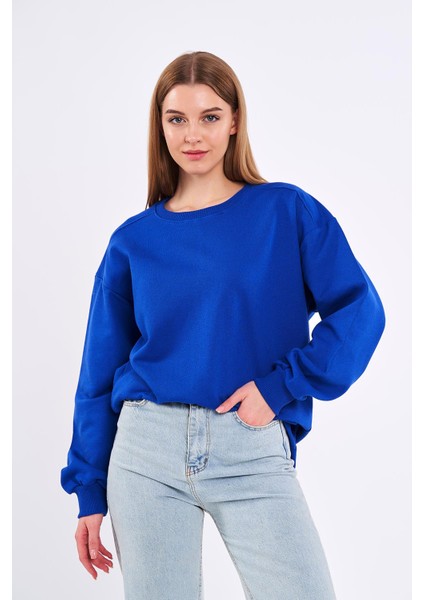 mmetalic Saks Kadın Pamuklu Oversize Basic Bisiklet Yaka  Sweatshirt