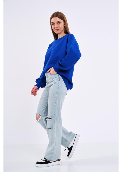 mmetalic Saks Kadın Pamuklu Oversize Basic Bisiklet Yaka  Sweatshirt