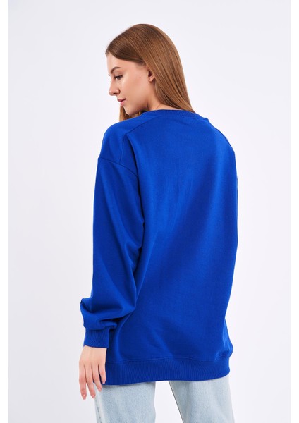 mmetalic Saks Kadın Pamuklu Oversize Basic Bisiklet Yaka  Sweatshirt