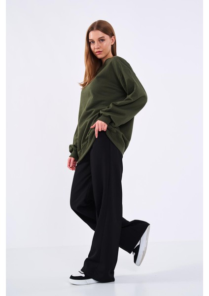 Metalic Haki Kadın Pamuklu Oversize Basic Bisiklet Yaka Sweatshirt modelleri