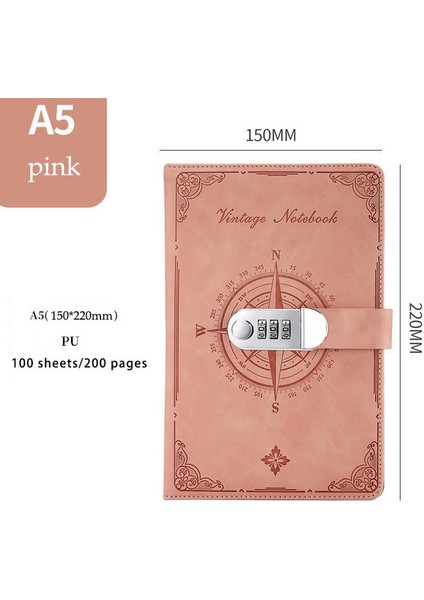 Pembe A5 200 Sayfa 2023 Dizüstü Retro Şifre Kitap Kilitli Günlüğü Bağlayıcı Kalınlaşmış Yaratıcı El Defter Öğrenci Not Defteri Kırtasiye (Yurt Dışından)
