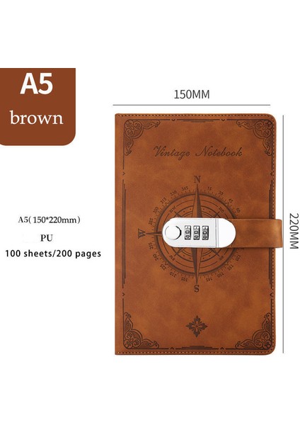 Kahverengi A5 200 Sayfa 2023 Dizüstü Retro Şifre Kitap Kilitli Günlüğü Bağlayıcı Kalınlaşmış Yaratıcı El Defter Öğrenci Not Defteri Kırtasiye (Yurt Dışından)