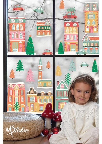 Sokaktaki Kar Sevinci Temalı Kış Konseptli Sticker Seti, Yeni Yıl Yılbaşı Süsü Sticker Seti